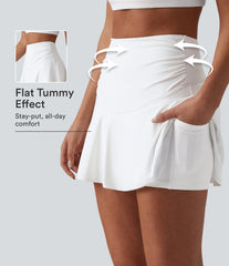 High Waisted Ruched Tummy Control 2-in-1 InstantCool Quick Dry Mini Workout A-Line Skirt with Pockets-UPF50+