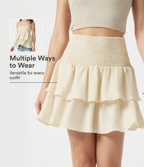 High Waisted Shirred Layered Mini Casual Linen-Feel Skirt