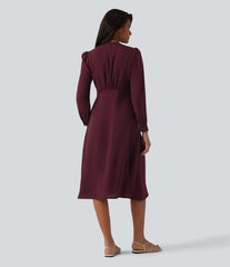 V-neck Puff Long Sleeve Midi Casual Dress