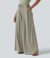 Mid Rise Belted Wide Leg Casual Linen-Feel Pants with Pockets