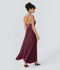 Ribbed Cowl Neck Lace Up Midi Dress