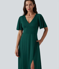 Deep V-neck Flounce Sleeve Split Built-in Bra Maxi Flowy Bridesmaid and Wedding Guest Dress with Pockets