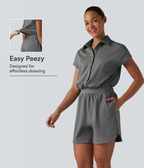 Short Sleeve Stripe Casual Shirt Romper with Pockets-Easy Peezy Edition
