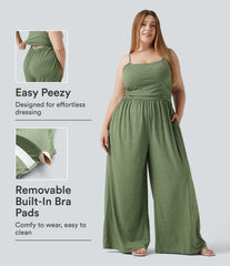 Plus Size Built-in Bra Ruched Wide Leg Heathered Casual Jumpsuit with Pockets-Easy Peezy Edition