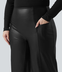High Waisted Tummy Control Stretchy PU Fleece Casual Plus Size Flare Pants with Pockets