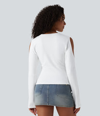 Round Neck Long Sleeve Cut Out Casual Cotton T-Shirt