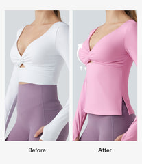 SoftlyZero™ Airy Push-Up Twisted Long Sleeve Thumb Holes Split Hem Yoga Sports Top DD-F Cups