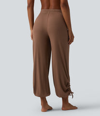 High Stretch Ribbed Knit Modal High Waisted Drawstring Ruched Yoga Joggers with Pockets