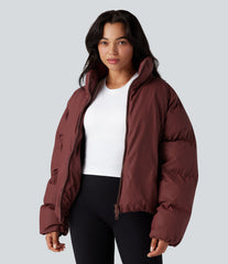 High-neck Drawstring Hem Oversize Casual Puffer Jacket with Pockets