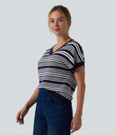 V Neck Short Sleeve Stripe Casual T-Shirt