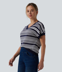 V Neck Short Sleeve Stripe Casual T-Shirt