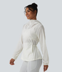 Hooded Drawstring Contrast Mesh Workout Jacket with Pockets