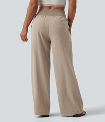 Shirred High Waisted Linen-Feel Casual Wide Leg Pants with Pockets