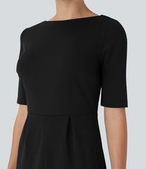 Rounded Neckline Short Sleeve Split Work Dress