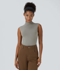 Stand Collar Sleeveless Plain Casual Bodysuit