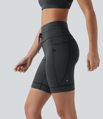High Waisted Drawstring Striped Yoga Biker Shorts 7'' with Pockets