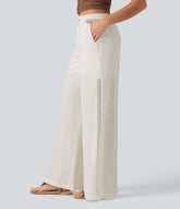 Mid Rise Drawstring Contrast Lace 2-in-1 Casual Linen-Feel Baggy Pants with Pockets