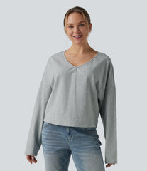 Halara Cotton Jersey V-neck Dropped Shoulder Long Sleeve Casual T-Shirt