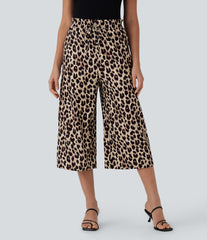 High Waisted Drawstring Leopard Print Wide Leg Capri Casual Pants with Pockets