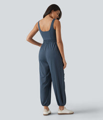 U-neck Sleeveless Drawstring Ruched Casual Jumpsuit with Pockets