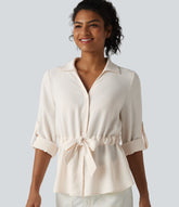 Lapel Roll Up Sleeve Tie Work Linen-Feel Shirt
