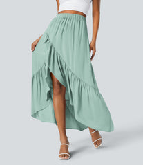 High Waisted High Low Ruffle Hem Flowy Maxi Skirt