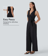 V Neck Sleeveless Belted Stripe InstantCool Work Jumpsuit with Pockets-Easy Peezy