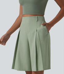 Wrinkle-resistant High Waisted Invisible Zipper Pleated Linen-Feel Casual Bermuda Baggy Shorts with Pockets