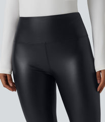 High Waisted Tummy Control Stretchy PU Casual Pedal Pushers Leggings with Pockets