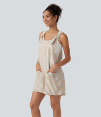 Knot Strap Stripe Casual Linen-Feel Short Overalls with Pockets