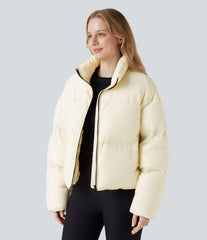 Stand Collar Drawstring Hem Casual Puffer Down Jacket with Pockets