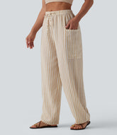 Mid Rise Drawstring Stripes Linen-Feel Casual Barrel Leg Pants with Pockets