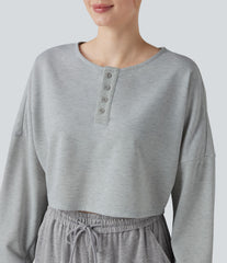 Henley Neck Long Sleeve Cropped Casual Sports Sweatshirt
