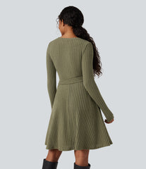 Ribbed Knit Round Neck Long Sleeve Belted Casual Dress with Pockets