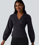 V Neck Long Sleeve Tie Back Stripe Work Blouse