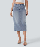 Halara Flex™ Mid Rise Back Midi Washed Denim Casual Straight Skirt with Pockets