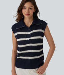Half Zip Sleeveless Stripe Casual Sweater