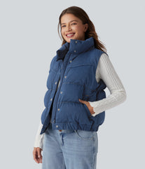 Halara Flex™ Denim Stand Collar Casual Puffer Vest with Pockets
