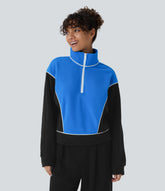 Stand Collar Half Zip Long Sleeve Color Block Fleece Casual Sweatshirt