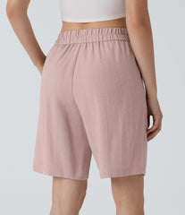 High Waisted Pocket Casual Linen-Feel Bermuda Shorts