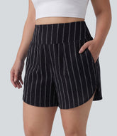 Plus Size High Waisted Curved Hem Stripe Casual Shorts with Pockets
