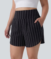 Plus Size High Waisted Curved Hem Stripe Casual Shorts with Pockets