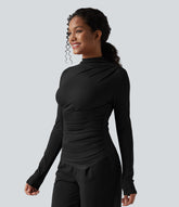 Ribbed Knit Mock-neck Long Sleeve Ruched Asymmetric Hem Casual Top