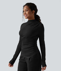 Ribbed Knit Mock-neck Long Sleeve Ruched Asymmetric Hem Casual Top