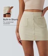 High Waisted Invisible Zipper 2-in-1 Denim Like Bodycon Mini Casual Skirt with Pockets
