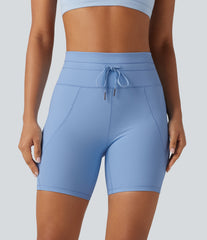 Ribbed Knit High Waisted Drawstring Quick Dry Yoga Biker Shorts 6'' with Pockets-UPF50+