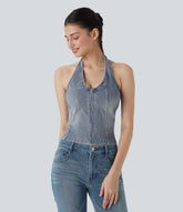 Halara Flex™ Halter Zipper Washed Denim Casual Tank Top