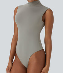 Stand Collar Sleeveless Plain Casual Bodysuit