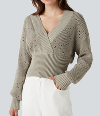 V-neck Long Sleeve Hollow Out Work Sweater