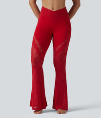 SoftlyZero™ High Waisted Crossover Pocket Contrast Lace Flare Yoga Leggings